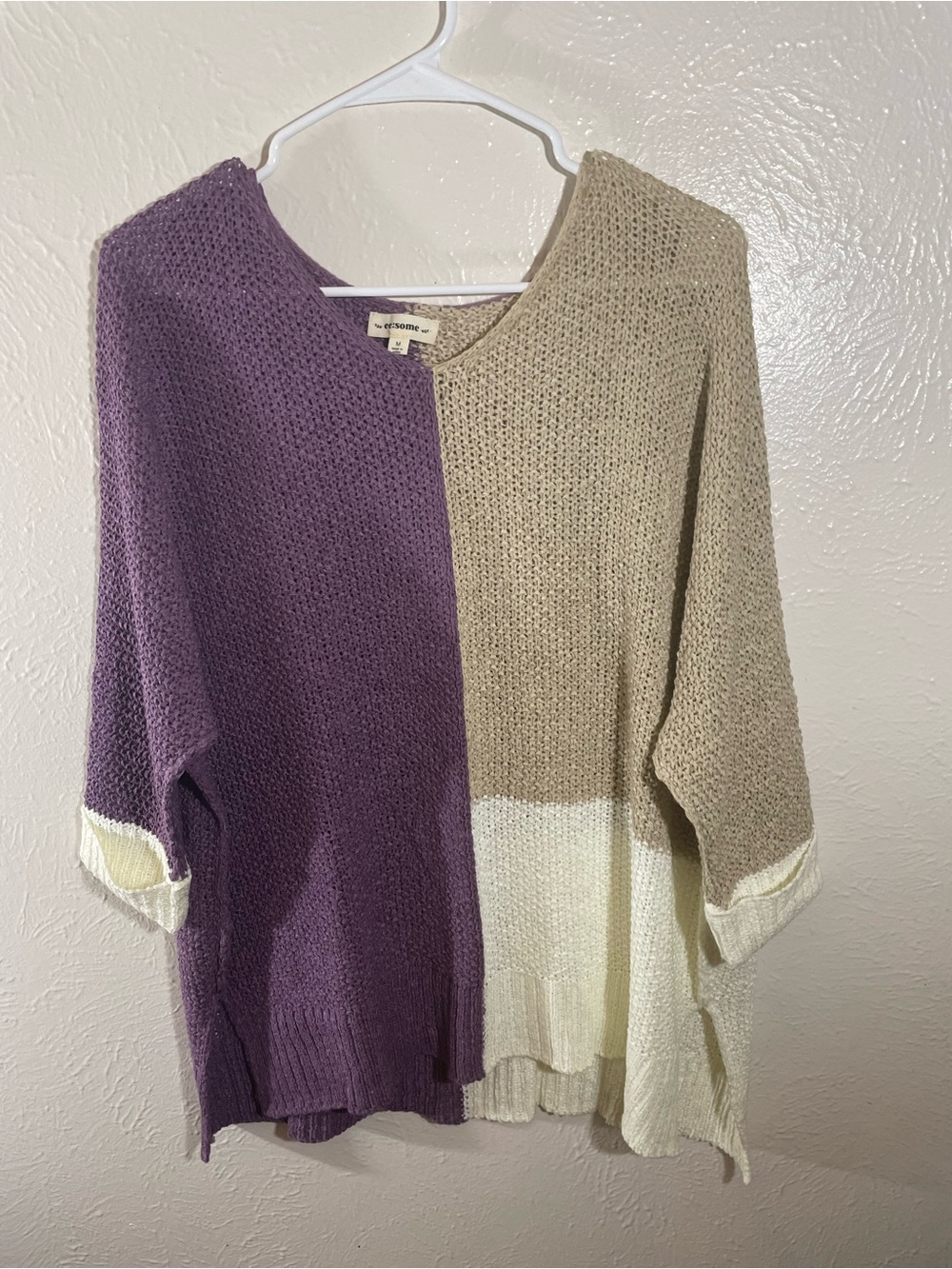 eesome Purple, Beige & Cream Colorblock Crewneck Sweater